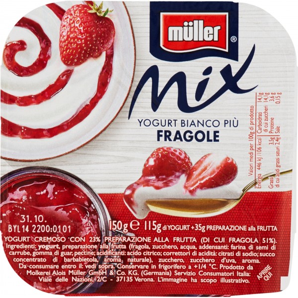 Yogurt Müller alla fragola cremoso intero a pezzi 2 x gr.125, yogurt fragola